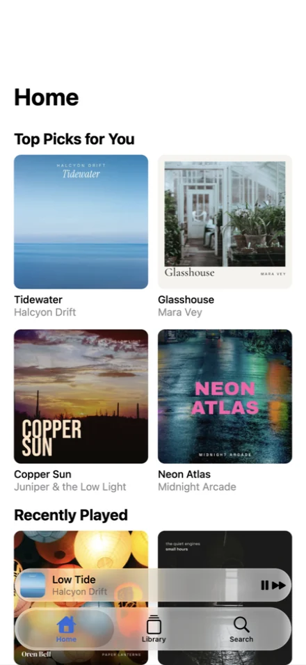 Music: album picks, a mini player and a glass tab bar.