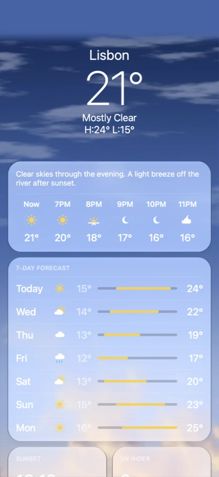 Nimbus: Lisbon's evening weather with hourly and seven-day forecasts on glass cards.