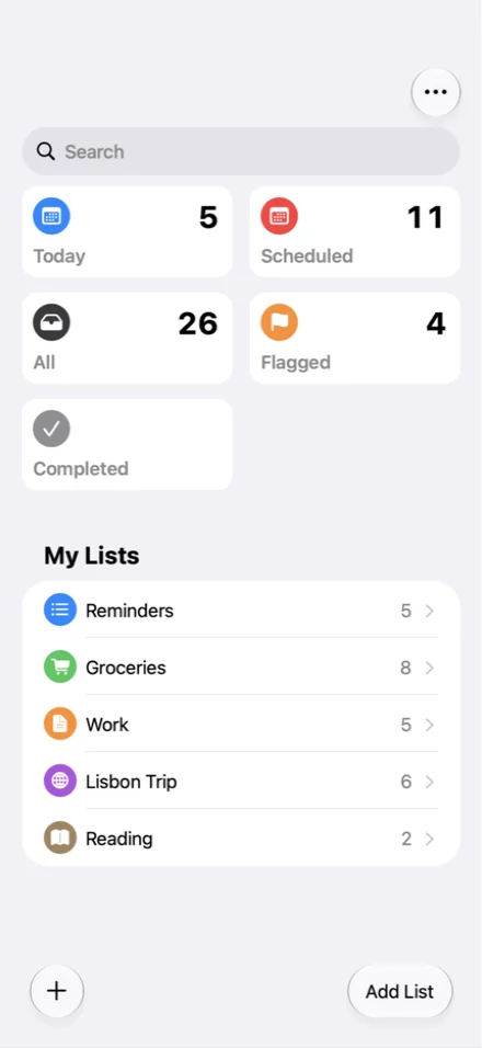Reminders: smart lists with counts above a list of personal lists.